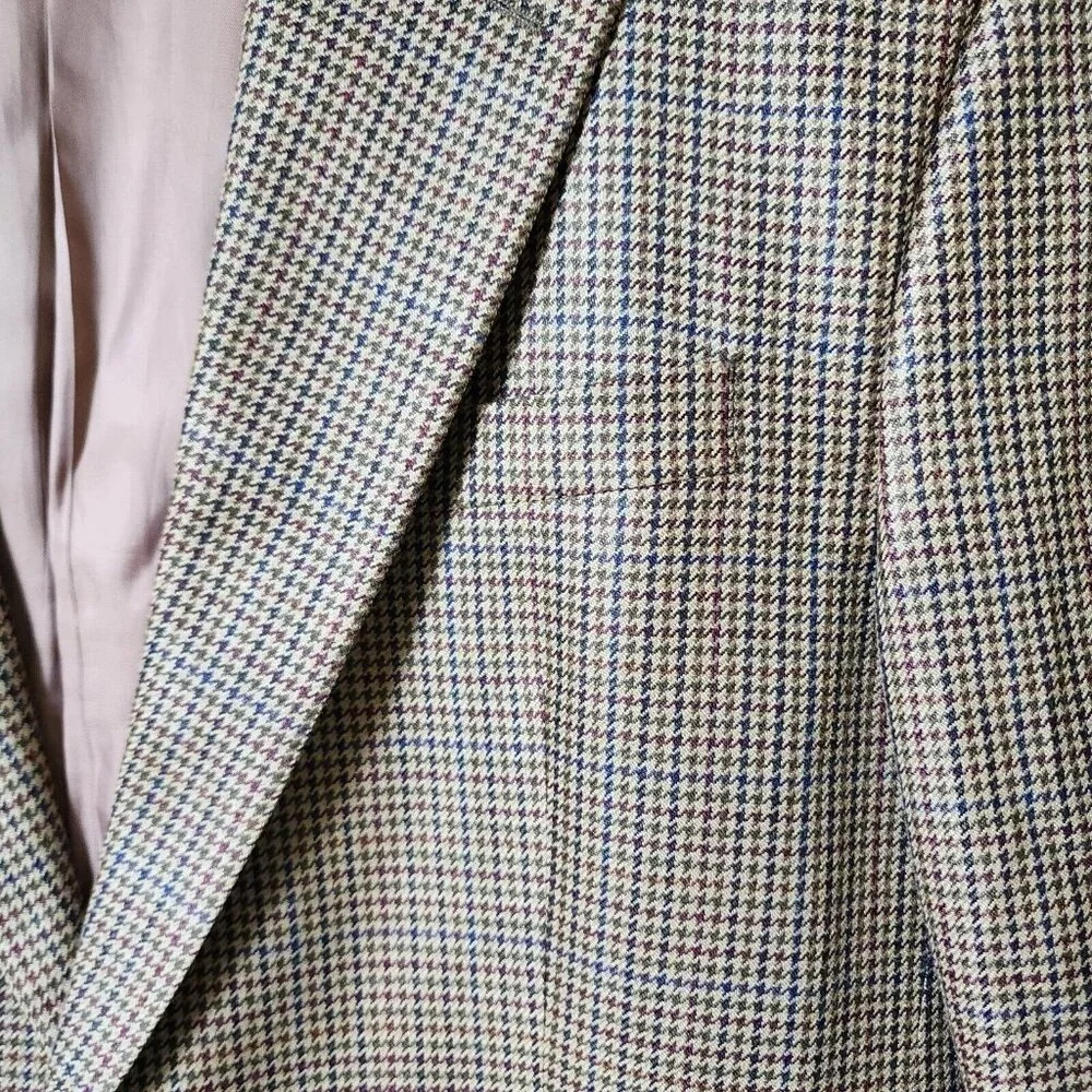 CHAPS Beige Houndstooth Blazer Sport Coat Suit Jacket Men's Size 42‎ R 100% Silk